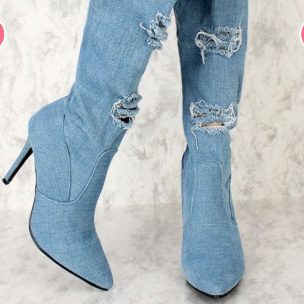 Denim Blue Pointed Toe Stiletto Sock Boots - Women